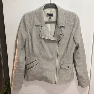 Chelsea28 Gray Pinstripe Peplum Moto jacket